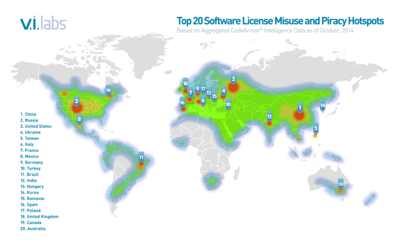 Top 20 Countries for Software Piracy and License Misuse