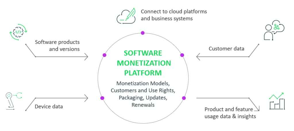 Software monetization is the continuous process of extracting value from products and services while protecting IP. This images shows five core pillars of a software monetization platform.