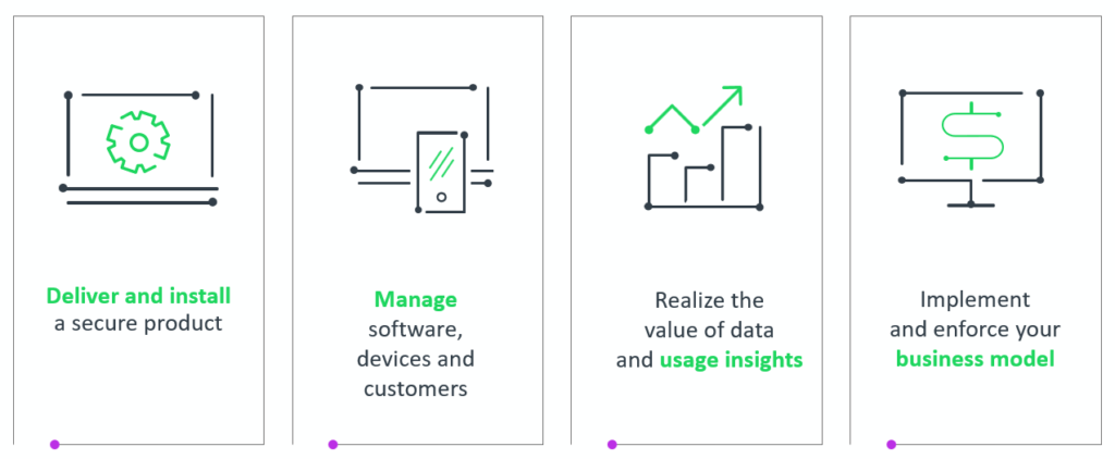 Image outlining the processes of delivery, management, data analysis, and implementation and enforcement, which are all central to the question, 'What is software monetization?'