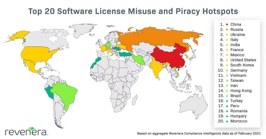 Top 20 Software License Misuse and Piracy Hotspots 2021