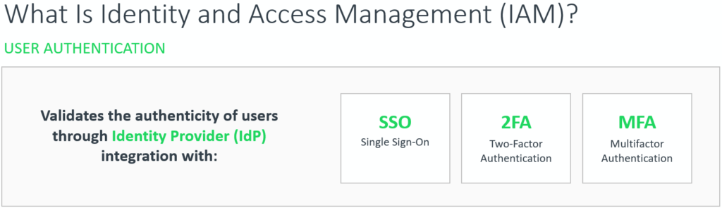 Graphic answering the question, 'What is IAM?', outlining key aspects of the authentication process.