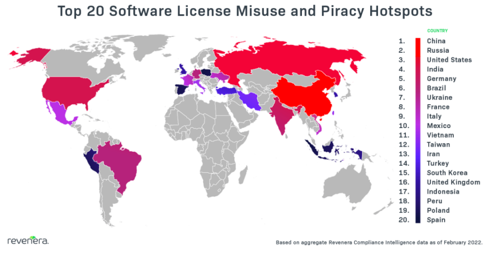 Map showing how to stop software piracy in different regions.