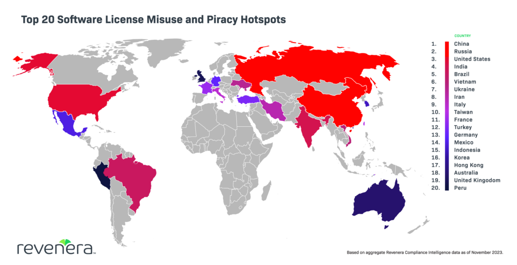 Map showing how to stop software piracy in different regions.