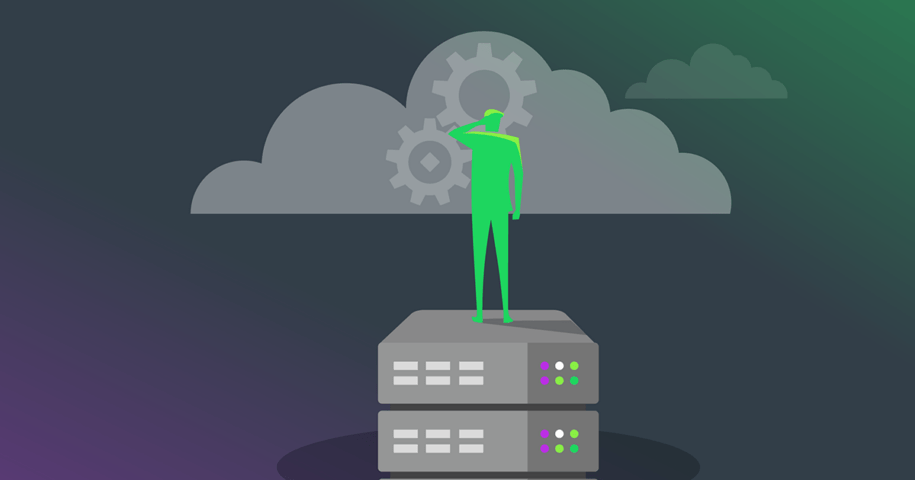 A technology executive stands atop an on-premises server while looking up at a cloud, pondering how to license software in a hybrid world.