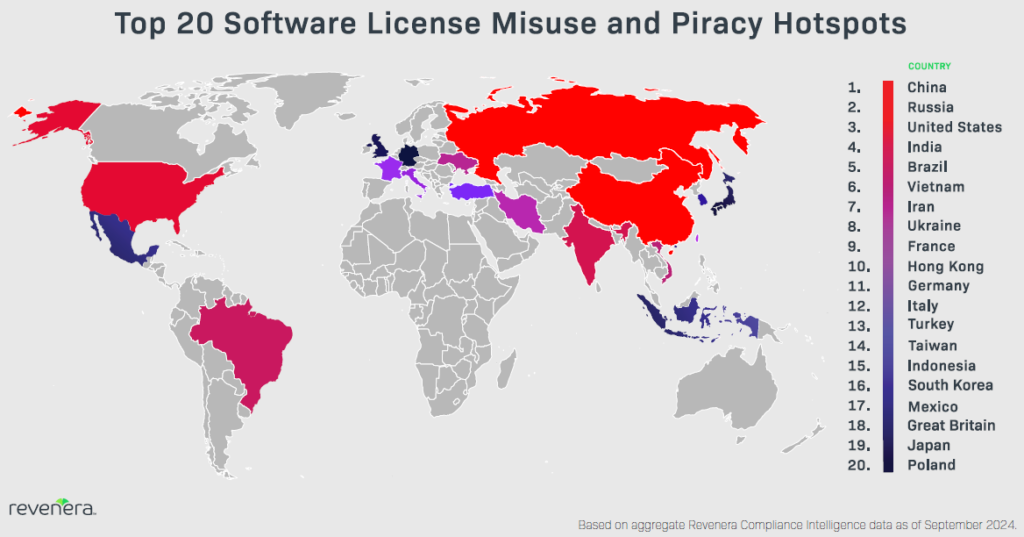 Map showing how to stop software piracy in different regions.
