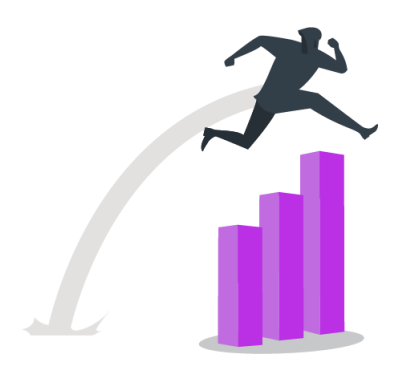 A software producer leaps over a bar chart showing SaaS licensing revenue growth.