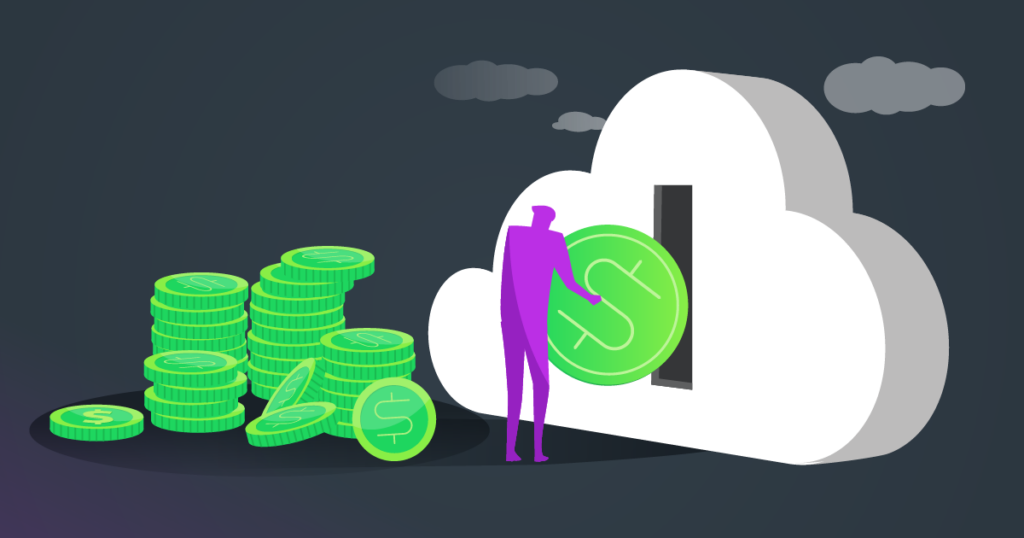 A customer places a credit into a slot in the cloud, representing how to sell software with pay-as-you-go access.