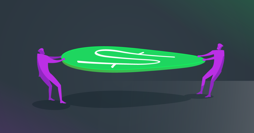 Two people stretch a credit token to demonstrate the notion of flexibility with pay-as-you-go pricing.