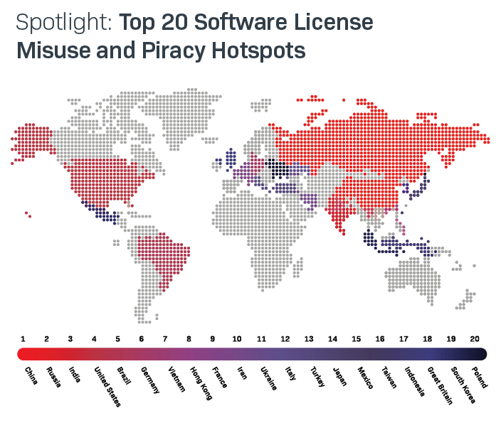Heatmap showing the regions most affected by software piracy in 2026.