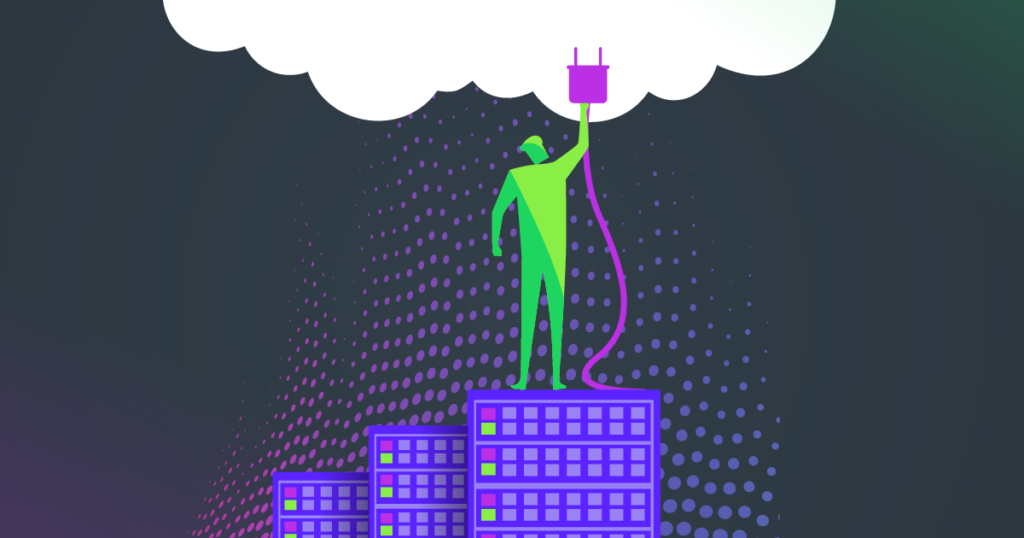 A software producer stands atop a stack of servers while reaching up to the cloud, representing moving from on-premises to SaaS.