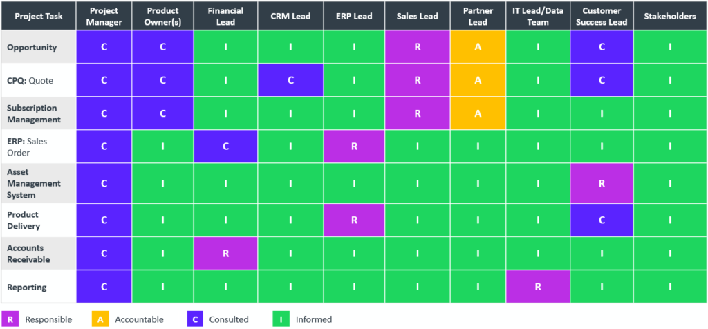 Example RACI Chart - Outlining who should be Responsible, Accountable, Consulted and Informed for a SaaS migration plan.