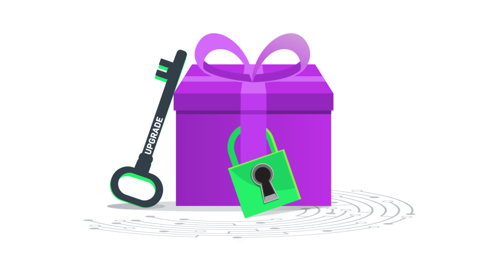 Image of a gift box with an 'upgrade' key, connoting one of the most common SaaS pricing models examples - Freemium.