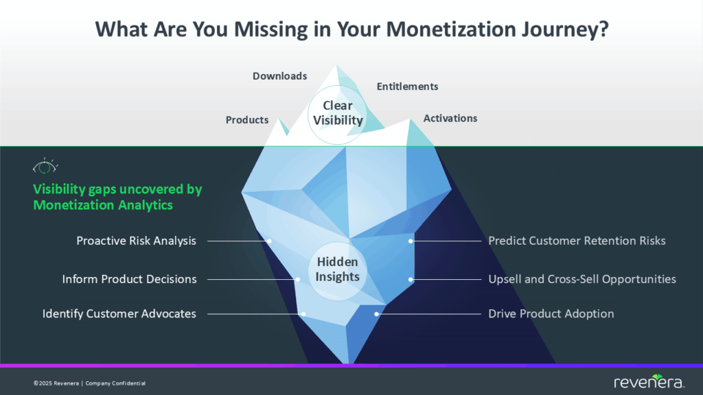 An iceberg acts as a visual metaphor to show the difference between surface-level insights and what's possible with deeper customer data analysis software.