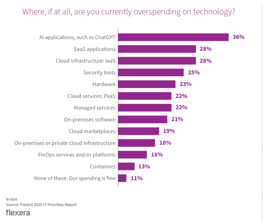 Chart from Flexera's IT Priorities Report. This shows that overspending on AI is the biggest concern for enterprise IT leaders, highlighting the importance of getting your AI pricing strategy right.