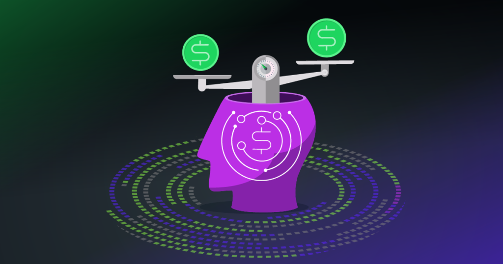 Dollar signs on scales, representing the prepaid or postpaid debate for monetizing AI software.