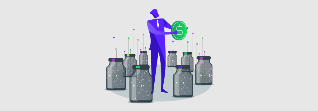 A person stands between various products, trying to decide where to spend their credit.