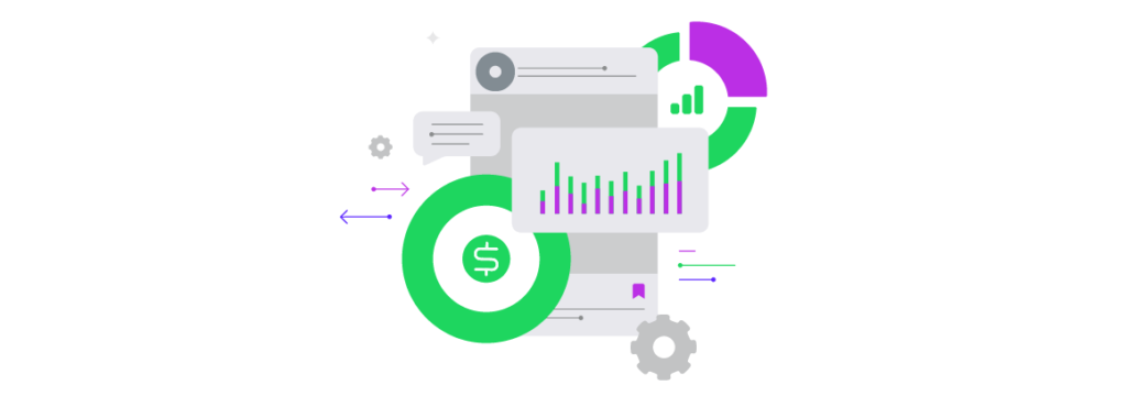 Overlaying pie charts, bar charts, and trend lines depict the various SaaS business KPIs to track for revenue growth.